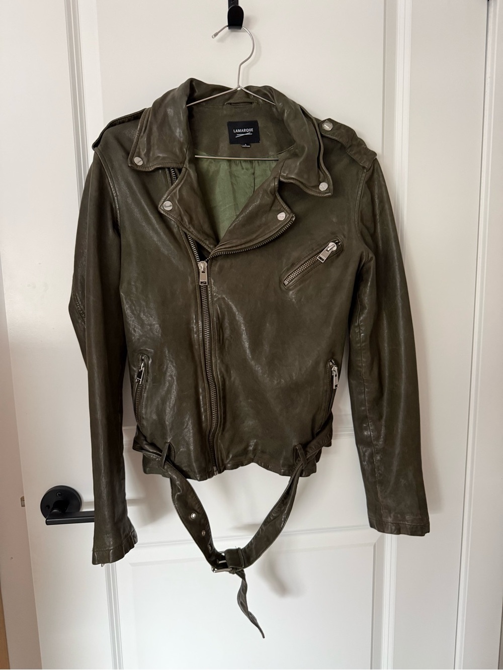 Lamarque Olive Leather Moto Jacket with Belt